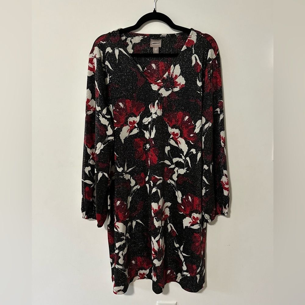 Chico's Glitter Floral Soft Knit Midi Dress Sz‎ 3 US XL Puff Sleeves 3/4 Sleeves